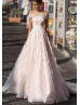 Off Shoulder Blush Pink Lace Tulle Princess Wedding Dress